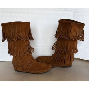 Minnetonka Brown Triple Fringe Suede Moccasin Boots